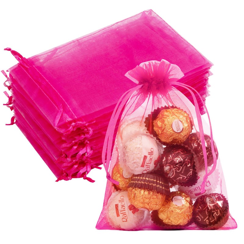 Crweety 50 Pcs Pink Organza Gift Bags 5x7 Inch, Small Mesh Bags Drawstring Jewelry Pouch Bags Goody Bags for Valentine Gifts Candy Wedding Party Favor - Image 1