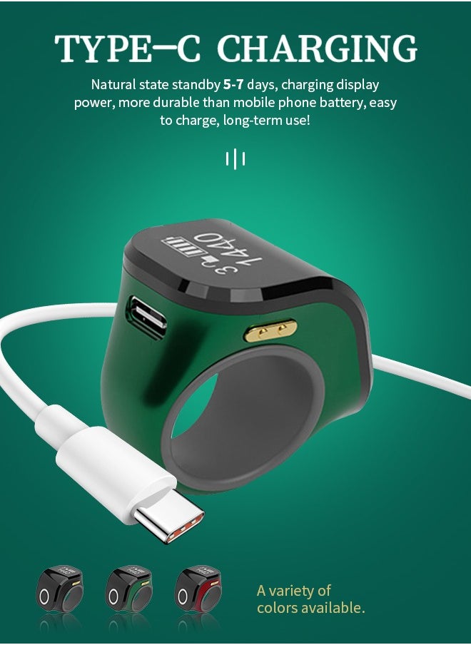 ماركة غير محددة - عداد أصابع ذكي قابل لإعادة الشحن بشاشة OLED إلكترونية ذكية رقمية مقاومة للماء وخاتم تسبيح وذكر محمول بثلاثة تعديلات للصلاة اليومية مناسب لمقاس 18/20/22 مم - Image 1
