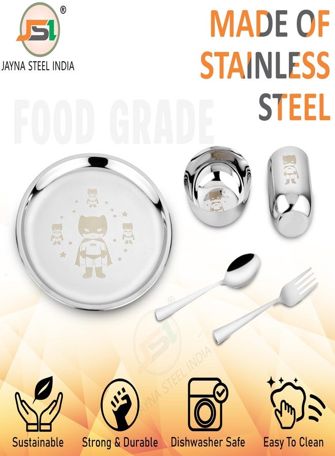 JSI طقم عشاء للأطفال من الفولاذ المقاوم للصدأ من JSI، مكون من 5 قطع، بنقش ليزر دائم - طقم عشاء من الفولاذ عالي الجودة 304، طبق عشاء بقطر 24 سم، كوب، وعاء، ملعقة، وشوكة - متين للغاية وآمن للاستخدام مع الطعام - Image 3