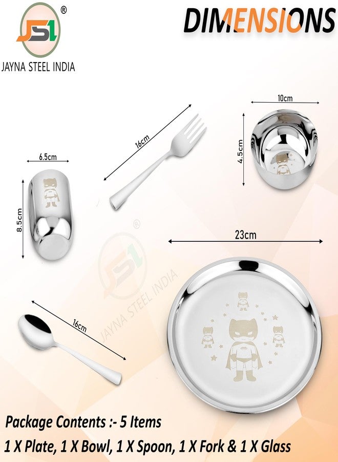 JSI طقم عشاء للأطفال من الفولاذ المقاوم للصدأ من JSI، مكون من 5 قطع، بنقش ليزر دائم - طقم عشاء من الفولاذ عالي الجودة 304، طبق عشاء بقطر 24 سم، كوب، وعاء، ملعقة، وشوكة - متين للغاية وآمن للاستخدام مع الطعام - Image 4