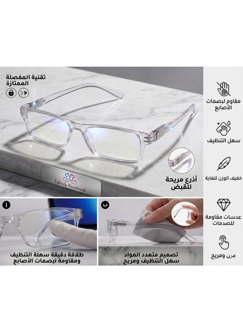 طقم نظارتين قراءة طبية (2 قطعة) للجنسين - إطار مرن مقاوم للكسر وعدسات ضد الخدش - تصميم عصري مريح بجميع المقاسات والألوان - يشمل (2 جراب + 2 منديل أصلي) - Image 2