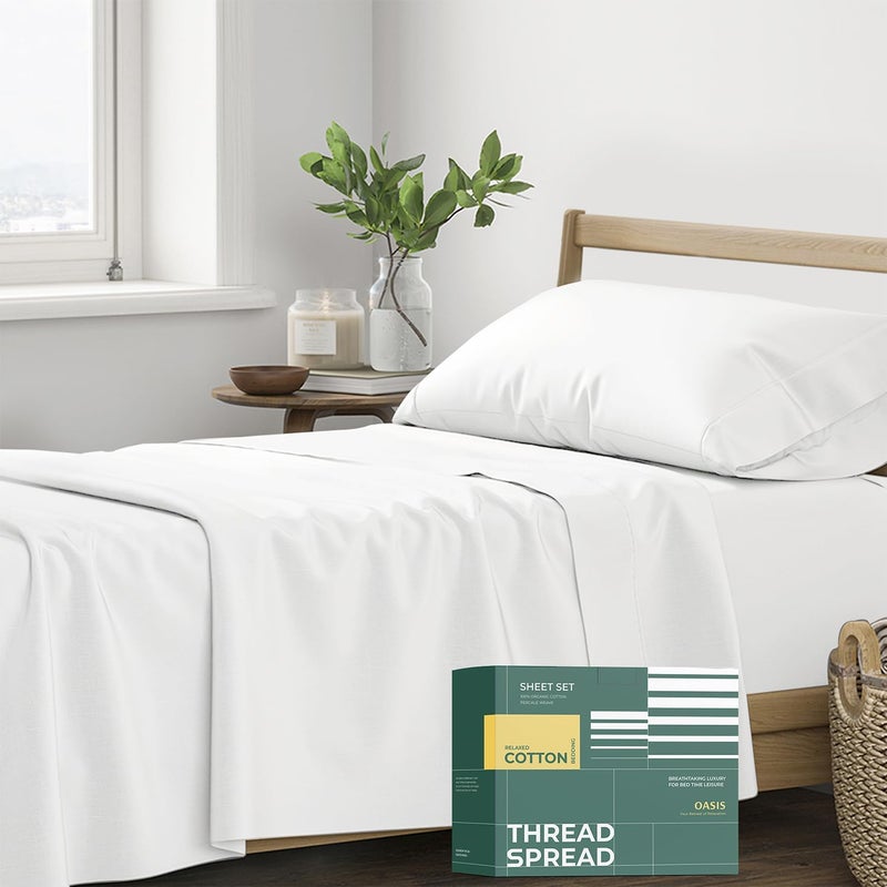 THREAD SPREAD 100% Organic Cotton Sheets Twin Size - 3 PC Organic Cotton Twin Size Percale Weave Sheet Set, Soft, Cooling, Crisp & Breathable, 16" Deep Pocket Bedding Set for Dorm Room - White - Image 1