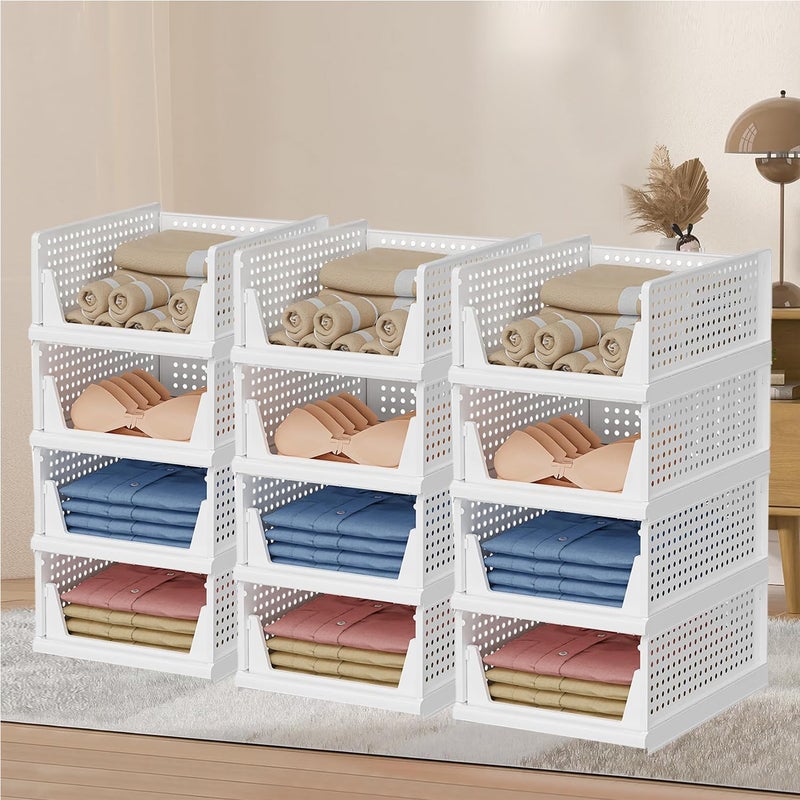 Kuber Industries Kuber Industries Storage Organizer Wardrobe Organizer For Clothes Cupboard Organizer Foldable Shirt Stacker Box Cloth Box for Almirah Closet Storage Basket Large Pack of 12 White  - Image 1