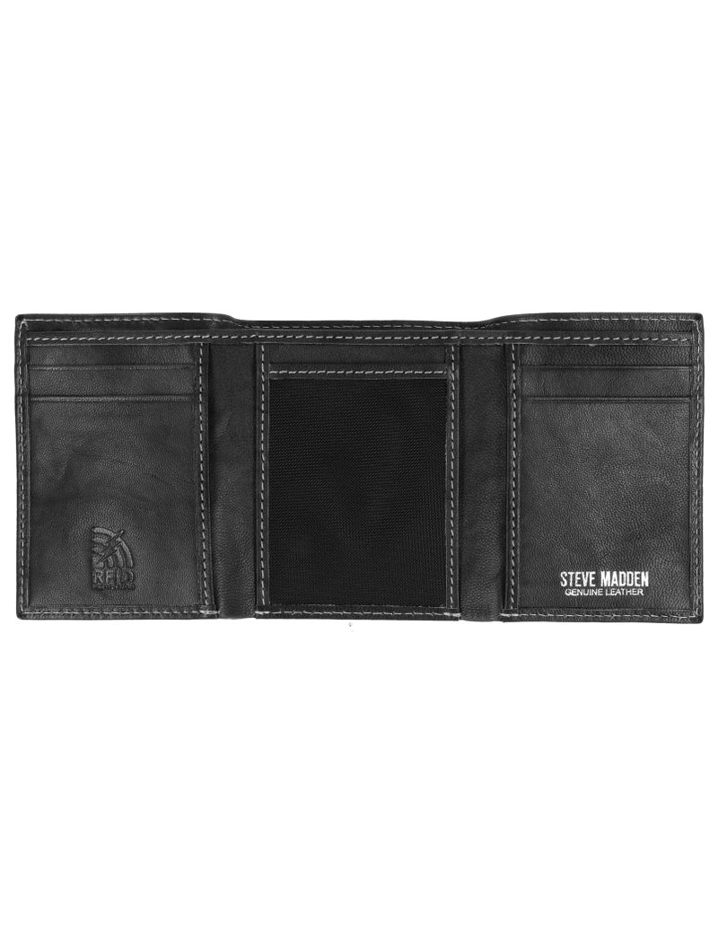 STEVE MADDEN محفظة ستيف مادن ثلاثية الطيات للرجال مع نافذة هوية، سوداء (عتيقة)، مقاس واحد - Image 2