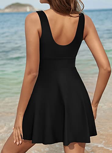 SHEKINI Women's Drawstring Front Cutout Swimdress Tummy Control One Piece Skirt Swimsuit (Black, Medium) - Image 4