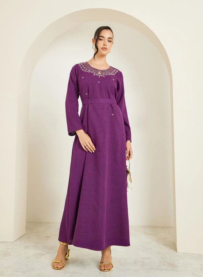 Women Purple Embellished Belted Jalabiya