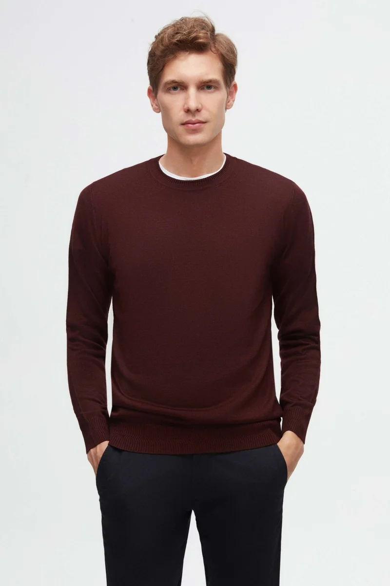 D'S DAMAT Ds Damat Regular Fit Claret Red Plain Knitted Wool Knitwear Sweater