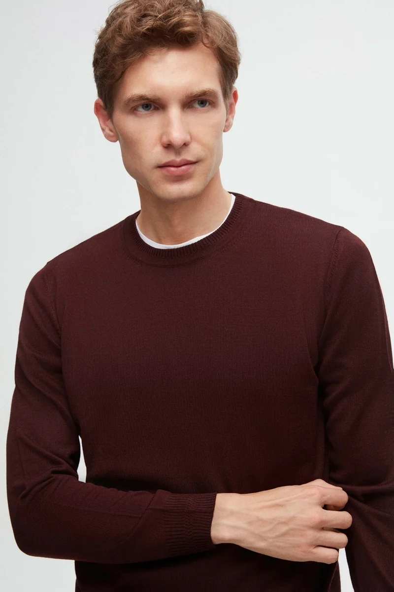 D'S DAMAT Ds Damat Regular Fit Claret Red Plain Knitted Wool Knitwear Sweater