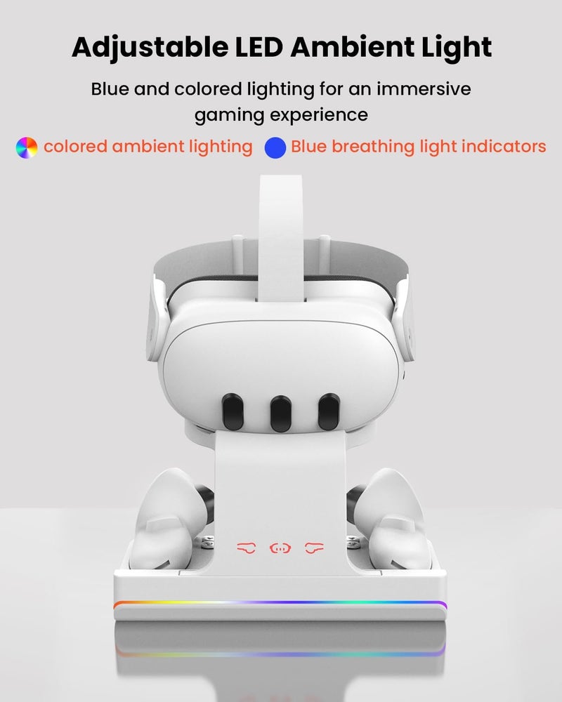 محطة شحن لـ Meta Quest 3، حامل شحن سماعة الواقع الافتراضي ولوحات التحكم مع إضاءة LED RGB [تشغيل/إيقاف]، ملحقات الواقع الافتراضي مع بطاريتين قابلة للشحن لـ Oculus Quest 3، محطة شحن سريعة - Image 3