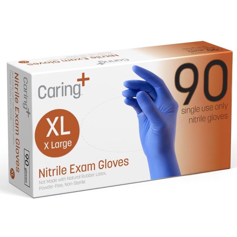 Caring Nitrile Exam Gloves (90ct), Powder Free and Not Made with Natural Rubber Latex, Gloves for Medical Use, Cleaning, Food Prep and More, X-Large - Image 1