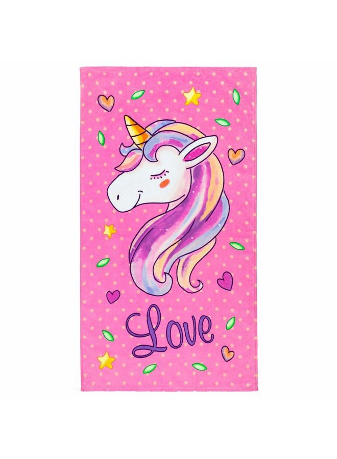 Softerry Love Unicorn and Stars Velour Beach Towel for Kids 28in x 51in 100% Cotton Pink - Image 2