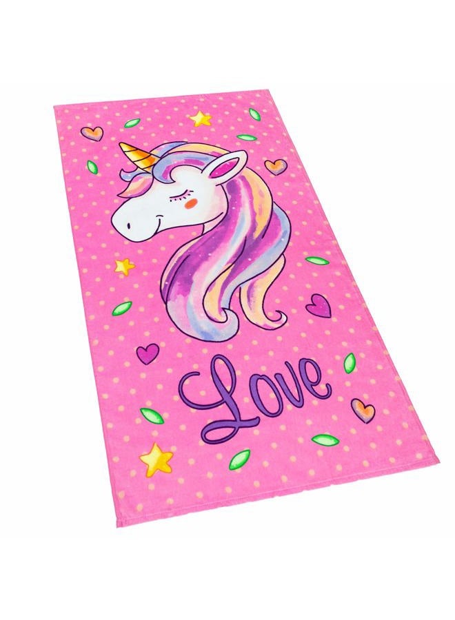 Softerry Love Unicorn and Stars Velour Beach Towel for Kids 28in x 51in 100% Cotton Pink - Image 1