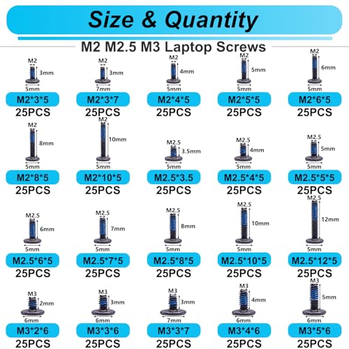 Bemaka 500PCS Laptop Screws Notebook Computer Screws Kit 20 Sizes Blue Nylok Screws M2 M2.5 M3 Laptop Replacement Computer Screws for Motherboard SSD PC Fan Hard Drive - Image 5