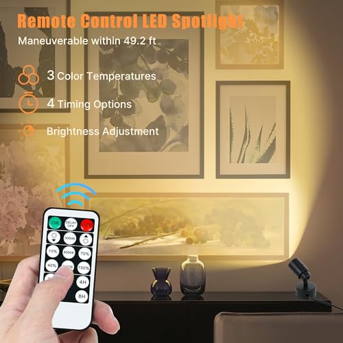 Kandicyar LED Spotlights Indoor, 5W Plants Uplighting with Remote Control Dimmable & Timer, Uplights Indoor Floor Spot Lights for Painting, Picture, Artwork, Accent Stick on Wall Light with 5.9 FT Plug Cord - Image 3