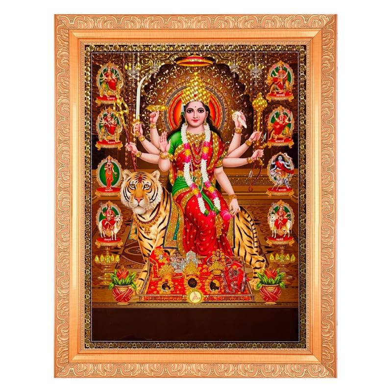 BM TRADERS Nav Durga With Crystal Effect Art Work Photo In Golden Frame Big 14 X 18 Inches - Image 1