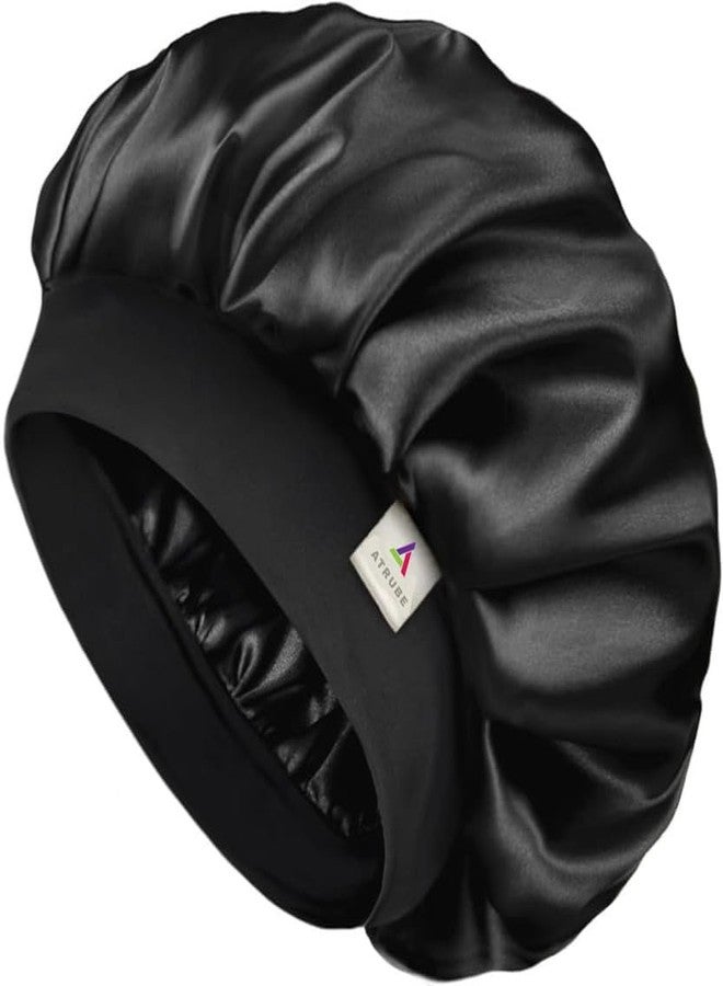 Atrube Silk Bonnet for Hair, Adjustable Silk Hair Cap for Sleeping, Satin Bonnet for Curly Hair with Soft Wide Elastic Band, Satin Hair Bonnet For Men and Women(Black) - Image 1
