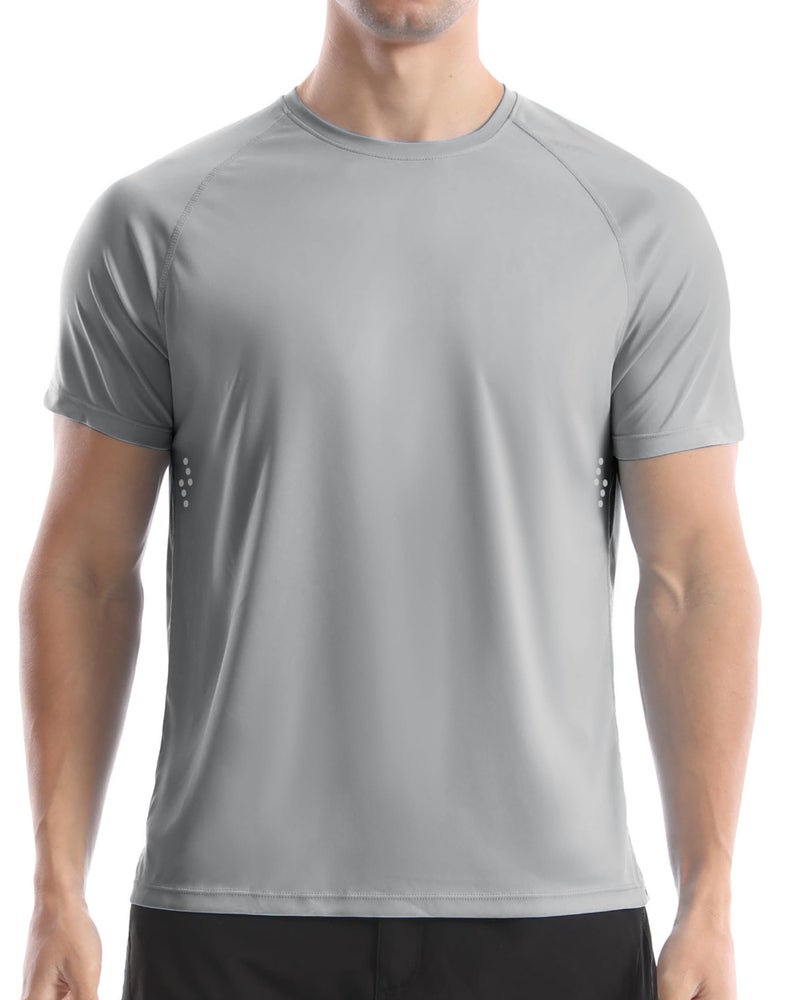 4ucycling Men's UPF 50+ Swim Shirts, Sun Protection Short Sleeve Rash Guard, Quick Dry T-Shirt for Fishing and Surfing Light Gray - Image 1