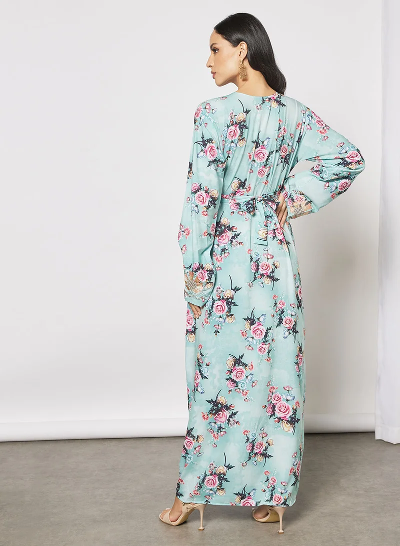 Hayat Jalabiya With Colored Flower  Patterned Embroidery In Front And Wrist With Belt