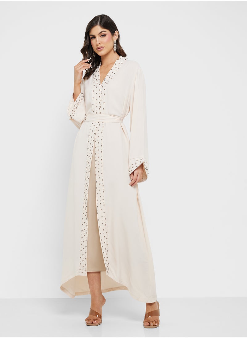 Khizana Open Abaya With Embroidered Hems  - Image 4