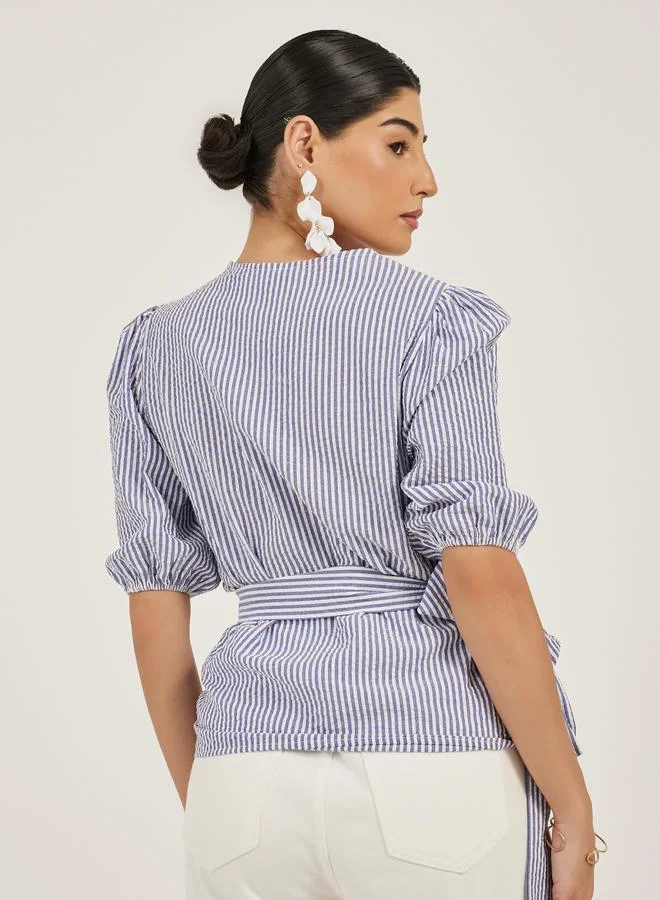 Styli Styli Striped Puff Sleeve Wrap Top