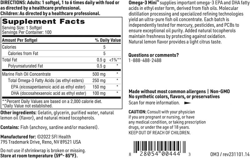 Klaire Labs Omega3 Mini  Ultra Pure Easy to Swallow Fish Oil Gels for Kids  Adults 150 Milligrams EPA  100 Milligrams DHA Omega 3 Fatty Acids Lemon Flavor for No Fishy Burps 100 Softgels - Image 5