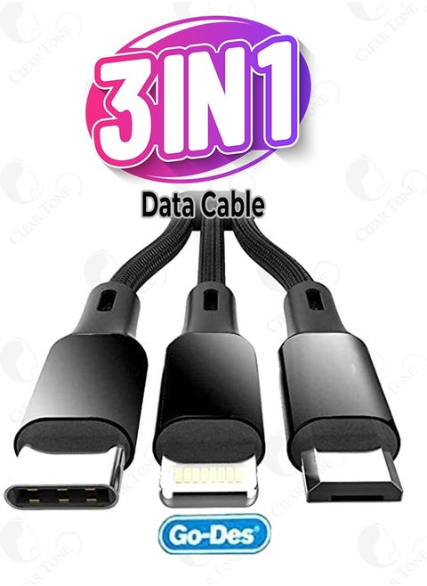 Go-Des Multi Charging Universal Cable 3 IN 1 l USB to Type C l Micro USB l Lightning Connector l Nylon Braided l 3.1A Ultra Fast Data Transfer l Compatible With Apple/Android l 1200 MM Length l Black
