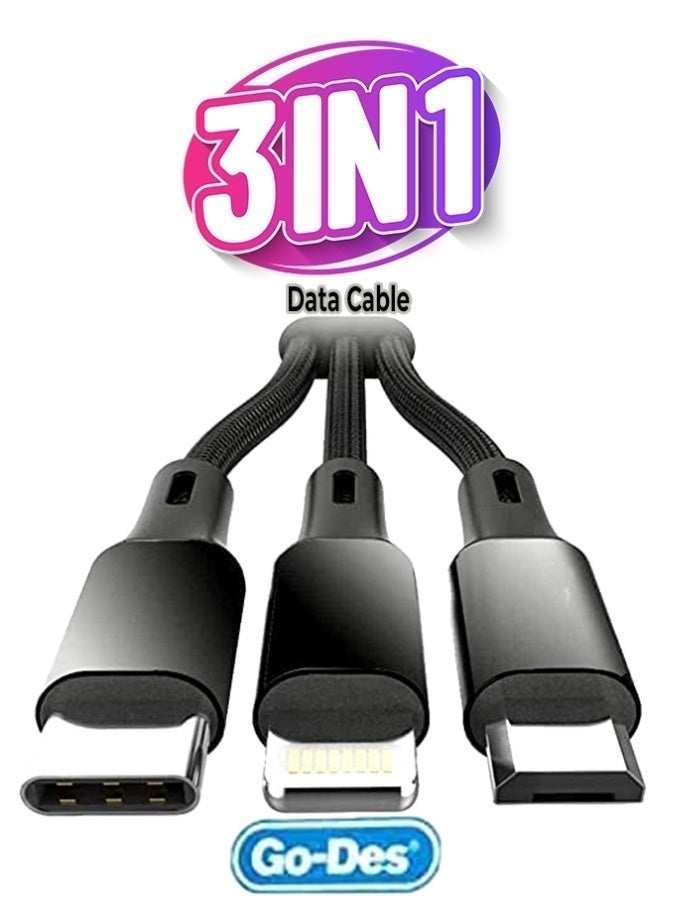 Go-Des Multi Charging Universal Cable 3 IN 1 l USB to Type C l Micro USB l Lightning Connector l Nylon Braided l 3.1A Ultra Fast Data Transfer l Compatible With Apple/Android l 1200 MM Length l Black - Image 1