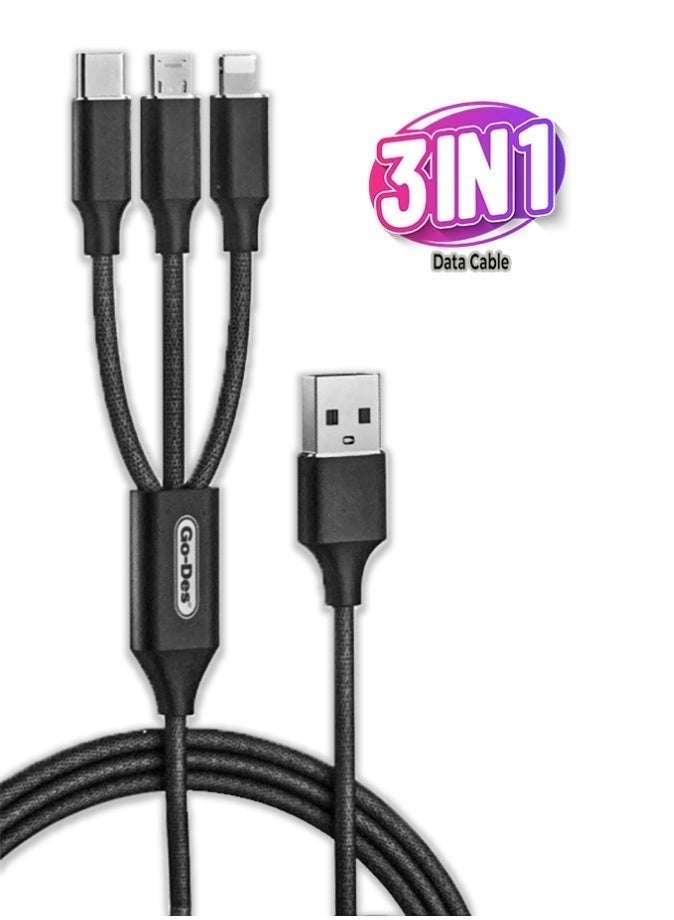 Go-Des Multi Charging Universal Cable 3 IN 1 l USB to Type C l Micro USB l Lightning Connector l Nylon Braided l 3.1A Ultra Fast Data Transfer l Compatible With Apple/Android l 1200 MM Length l Black - Image 2