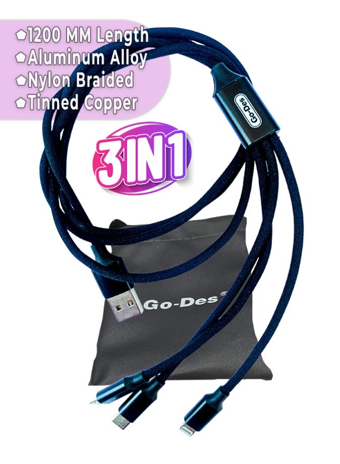 Go-Des Multi Charging Universal Cable 3 IN 1 l USB to Type C l Micro USB l Lightning Connector l Nylon Braided l 3.1A Ultra Fast Data Transfer l Compatible With Apple/Android l 1200 MM Length l Black - Image 5