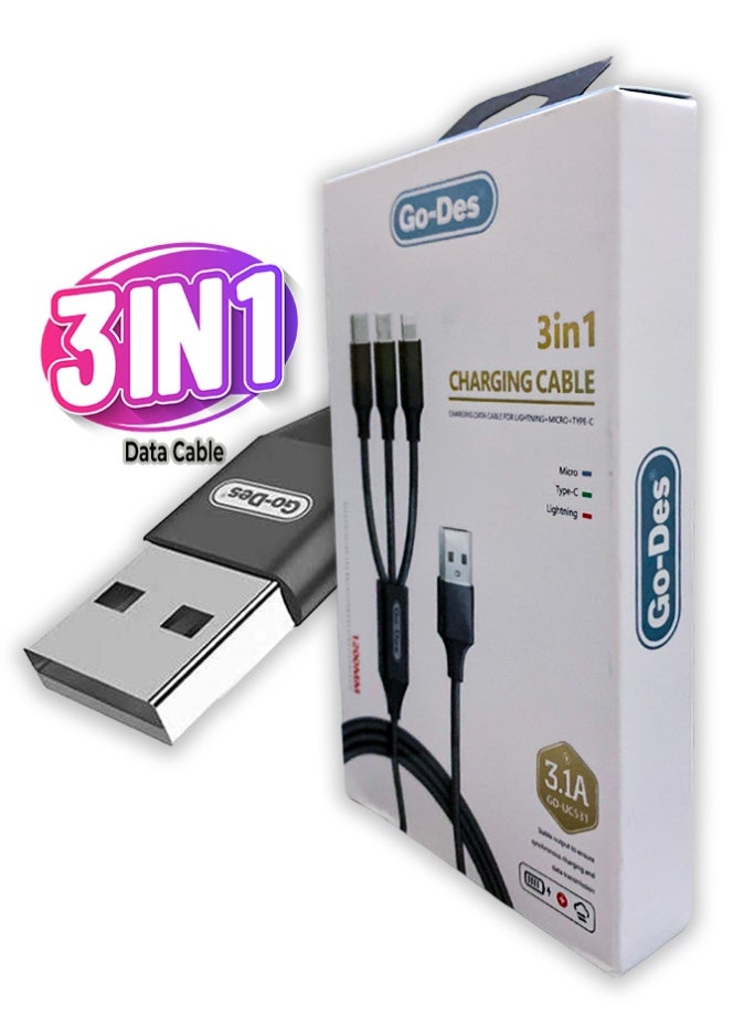 Go-Des Multi Charging Universal Cable 3 IN 1 l USB to Type C l Micro USB l Lightning Connector l Nylon Braided l 3.1A Ultra Fast Data Transfer l Compatible With Apple/Android l 1200 MM Length l Black - Image 3