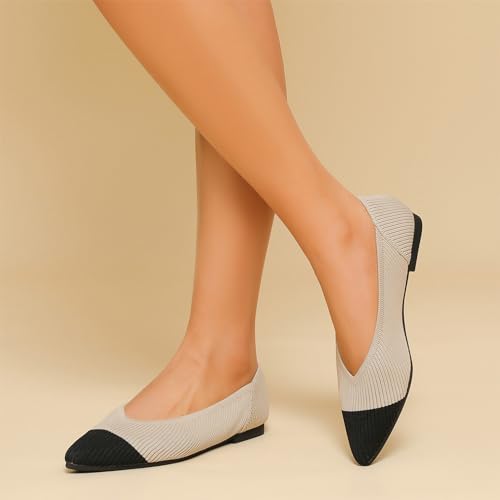 TINGRISE Women's Flats Shoes Pointed Toe Knit Ballet Comfortable Dressy Slip On Flat Black and Beige US9 - Image 4