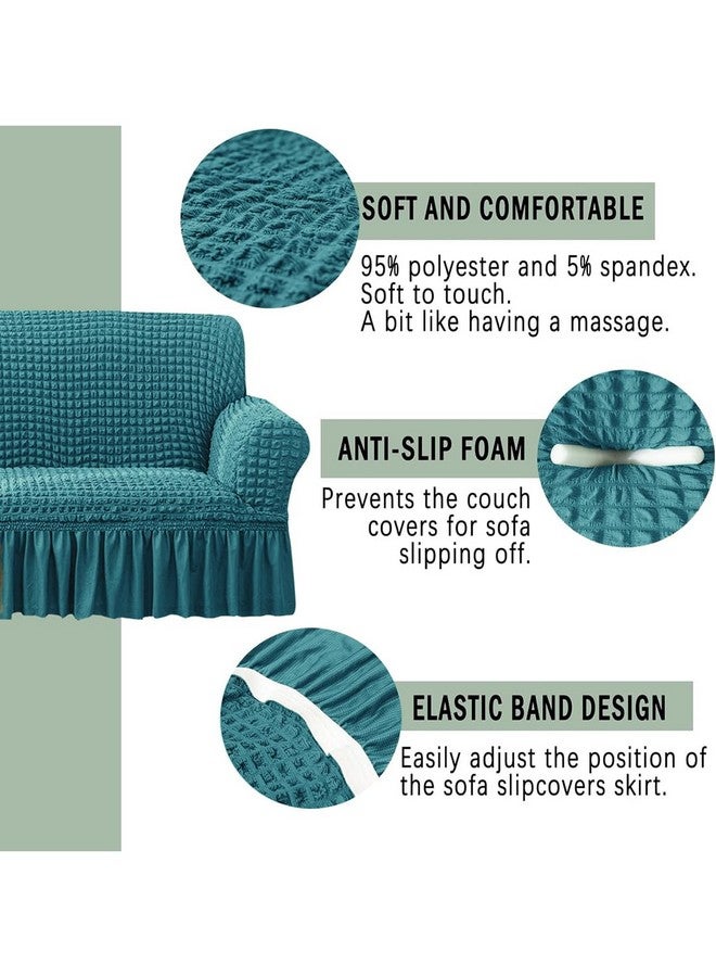 VORHANG Stretch Sofa Slipcover Easy Fitted Sofa Couch Cover with Skirt (Aqua -3 Seater) Pack of 1 - Image 3