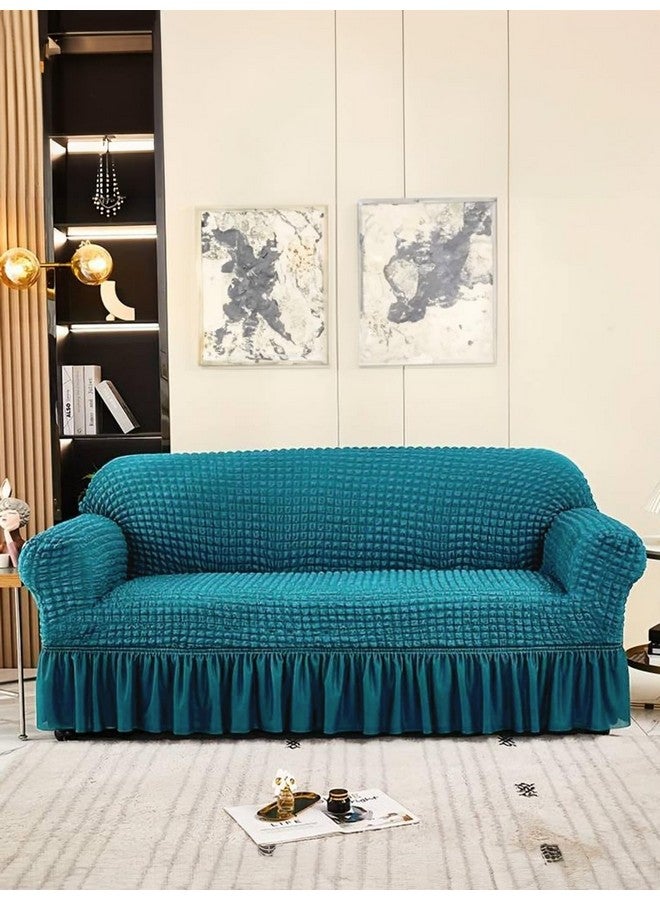 VORHANG Stretch Sofa Slipcover Easy Fitted Sofa Couch Cover with Skirt (Aqua -3 Seater) Pack of 1 - Image 1