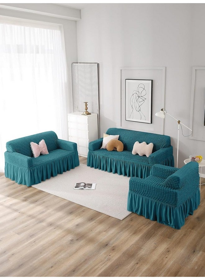 VORHANG Stretch Sofa Slipcover Easy Fitted Sofa Couch Cover with Skirt (Aqua -3 Seater) Pack of 1 - Image 2