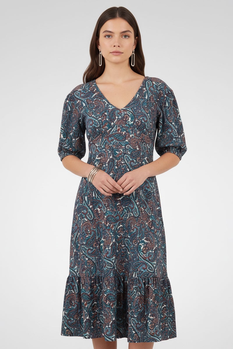 Michael Kors Women Short Sleeve Paisley Print Open Back Midi Dress, Multicolor - Image 2
