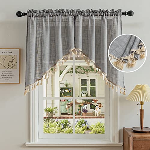 BD BEDA HOME Beda Home Tassel Linen Textured Swag Curtain Valance for Farmhouses’ Kitchen; Light Filtering Rustic Short Swag Topper for Small Windows Bedroom Privacy Added Rod Pocket Design (36W x 36L, Grey) - Image 1