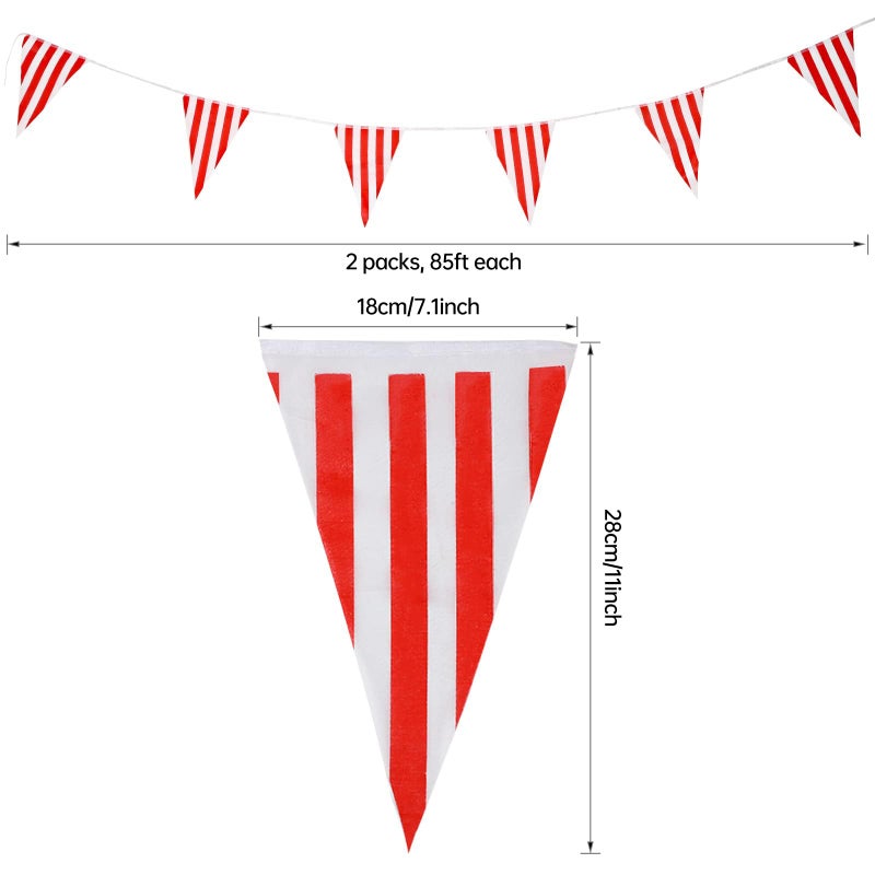 RUBFAC 170ft 120pcs Red and White Striped Pennant Banner, Carnival Circus Decorations Supplies, String Triangle Bunting Flags, Kids Birthday, New Year Eve Celebration Supplies - Image 2
