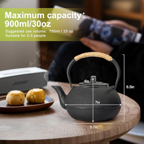suyika Japanese Tetsubin Cast Iron Teapot Tea Kettle pot with Stainless Steel Infuser for Stovetop Safe Coated with Enameled Interior 30 oz/900 ml - Image 3
