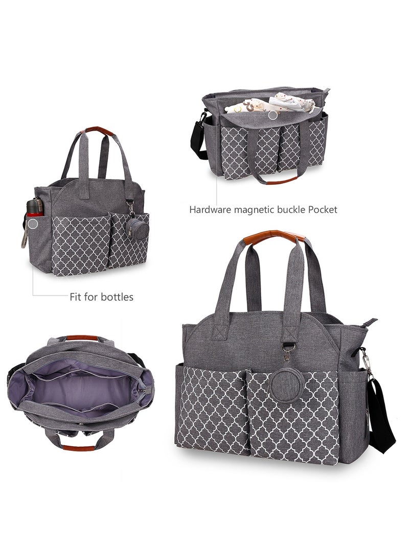 Multifunctional Diaper Bag with Changing Mat - Grey Premium Nylon Tote with 12+ Pockets, Insulated Bottle Holders & Stroller Straps - Water-Resistant, Anti-Stain & Easy to Clean - for Parents, Travel, Baby Essentials Organization - Includes Detachable Changing Pad, Shoulder Strap & Luggage Sleeve - Image 3