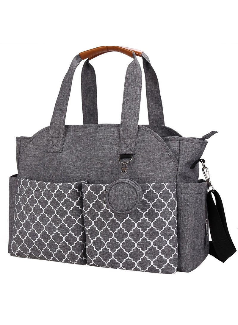 Multifunctional Diaper Bag with Changing Mat - Grey Premium Nylon Tote with 12+ Pockets, Insulated Bottle Holders & Stroller Straps - Water-Resistant, Anti-Stain & Easy to Clean - for Parents, Travel, Baby Essentials Organization - Includes Detachable Changing Pad, Shoulder Strap & Luggage Sleeve - Image 1