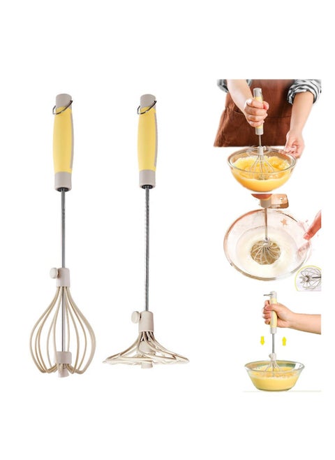 2 Pcs Stainless Steel Semi Automatic Whisk, 2024 Upgrade Rotating Automatic Eggbeater for Cooking, Hand Push Mixer Stirrer Tool Manual Egg Shaker Easy Whisk Whipped Cream Dispenser