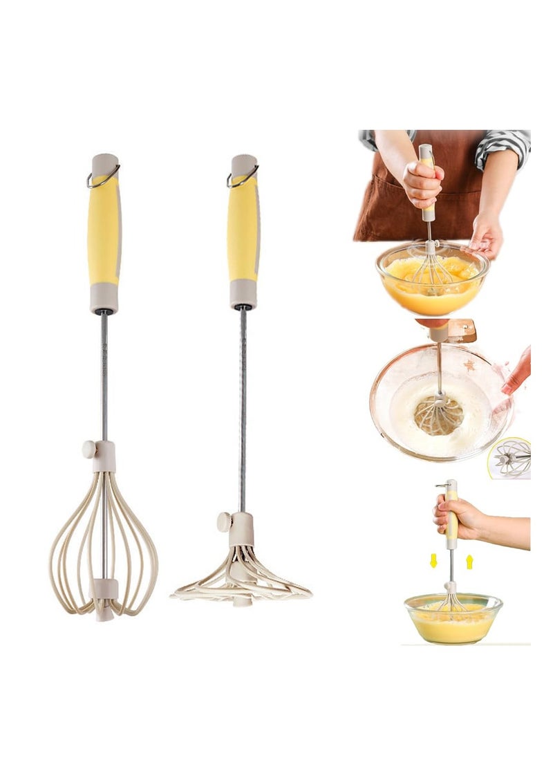 SYOSI - 2 Pcs Stainless Steel Semi Automatic Whisk, 2024 Upgrade Rotating Automatic Eggbeater for Cooking, Hand Push Mixer Stirrer Tool Manual Egg Shaker Easy Whisk Whipped Cream Dispenser - Image 1