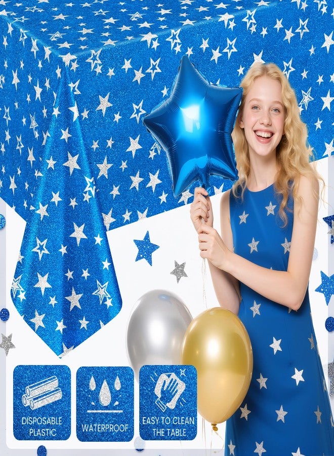 Just Shimmer 2 Pack Blue Star Glitter Plastic Tablecloth, 40x70" Disposable Table Cover with Sparkle and Star Print, Thick Waterproof Tablecloth for Birthday, Baby Shower, Wedding, Holiday Party Decorations - Image 3