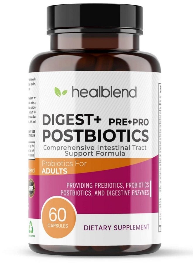 healblend Digest + Postbiotics Supplement for Women and Men, Multi Enzymes, Organic Prebiotic & Probiotic for Digestive Health with Bromeline, Papin and Lipase, Non-GMO, Gluten-Free, 60 Vegetarian Caps  - Image 1