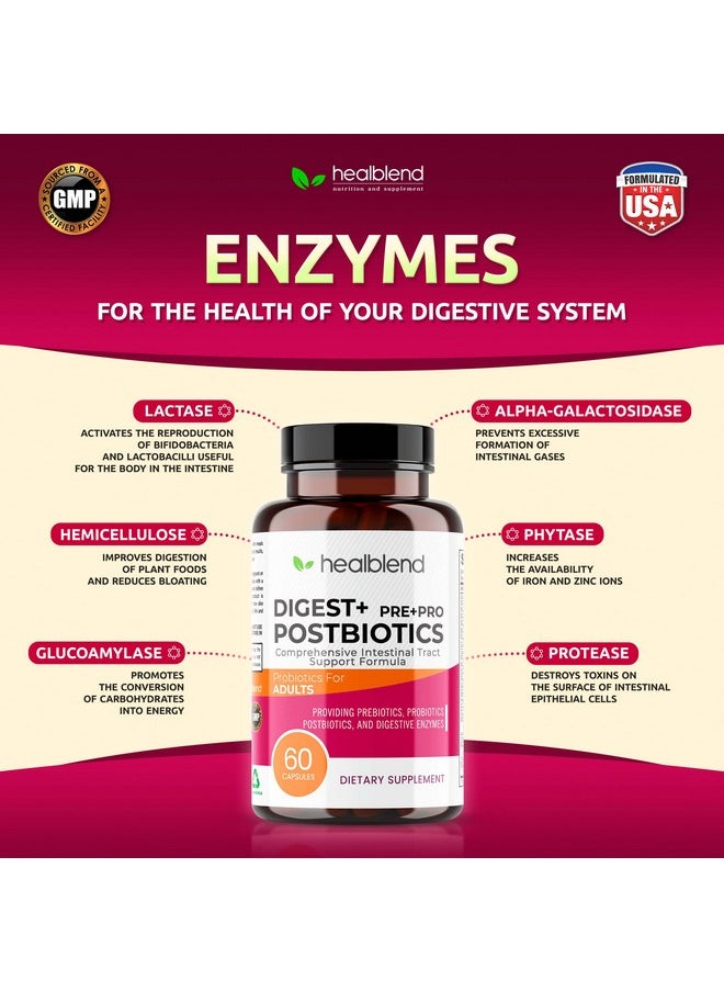 healblend Digest + Postbiotics Supplement for Women and Men, Multi Enzymes, Organic Prebiotic & Probiotic for Digestive Health with Bromeline, Papin and Lipase, Non-GMO, Gluten-Free, 60 Vegetarian Caps  - Image 5