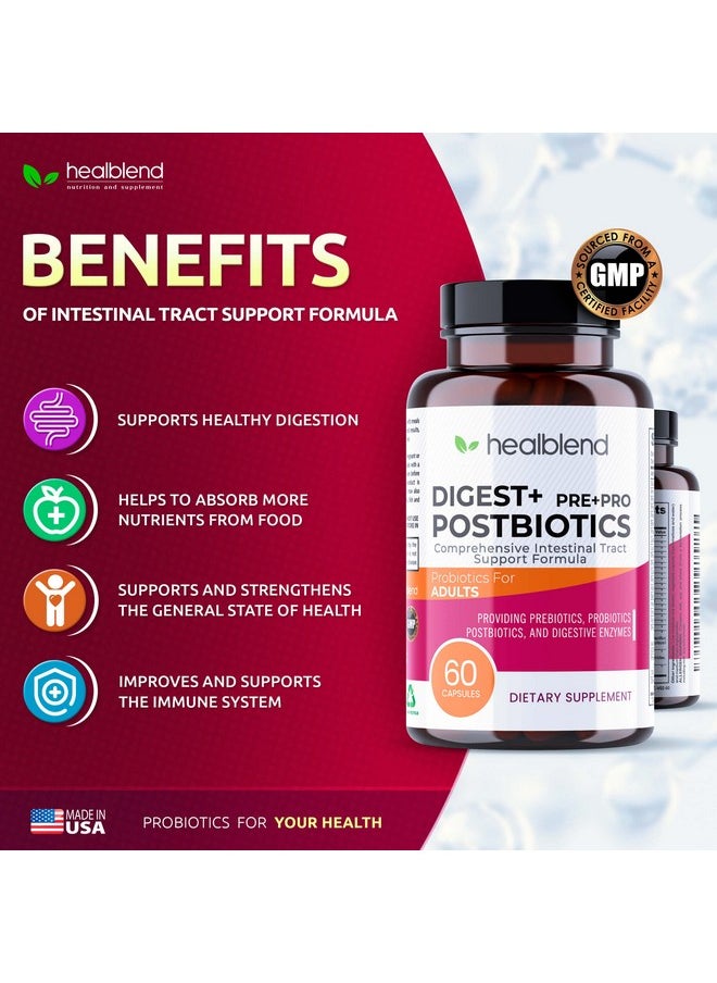 healblend Digest + Postbiotics Supplement for Women and Men, Multi Enzymes, Organic Prebiotic & Probiotic for Digestive Health with Bromeline, Papin and Lipase, Non-GMO, Gluten-Free, 60 Vegetarian Caps  - Image 4