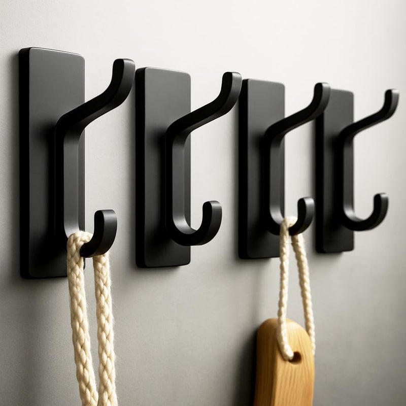 Self Adhesive Wall Hooks for Hanging Extra Strong 13 LB Hook for Coat Towel in Bathrooms Shower Kitchen Wall Door Hook Black 4 Pack