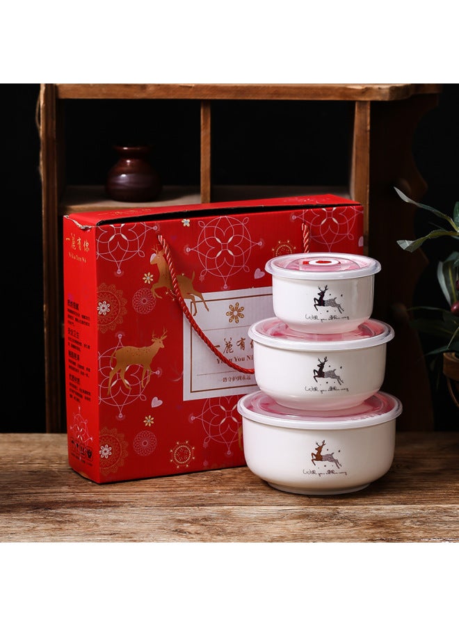 Ceramic Fresh-keeping Bowl Three-piece Sealed Bowl Gift Bowl Set Gift Box Wedding Will Sell Wholesale Printed LOGO-Specifications:A Deer Has You.-Color:Preservation Bowl Large Single Color Box/48 Sets Of A Box - Image 1