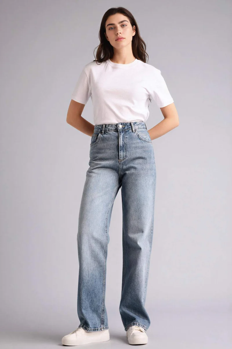 DeFacto 100% Cotton 90's Wide Leg High Waist Long Jeans