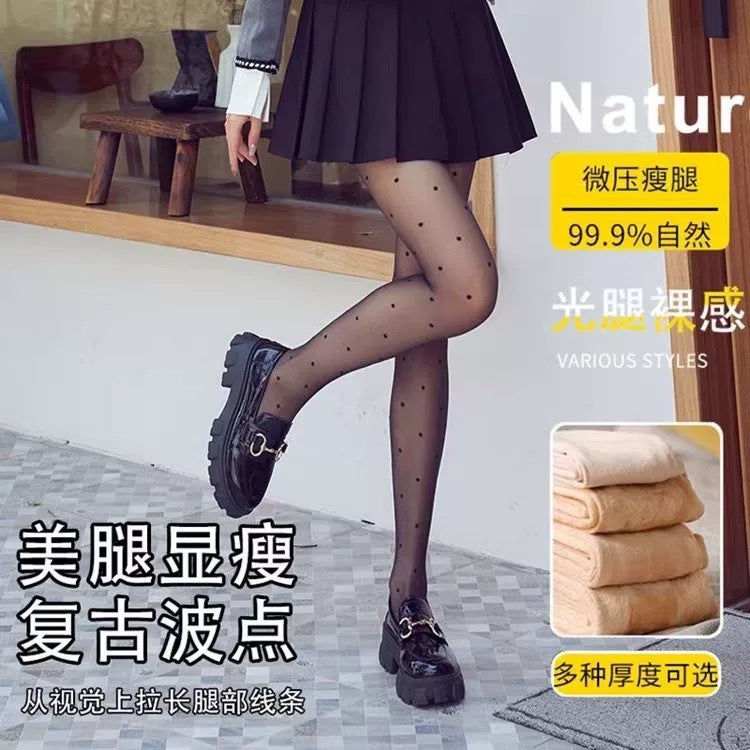 Flocking Love Wave Dot Women's fleece-lined Thickened Autumn and Winter Black Skin-transparent Light Leg Artifact Base Fake Meat Pantyhose - Image 5